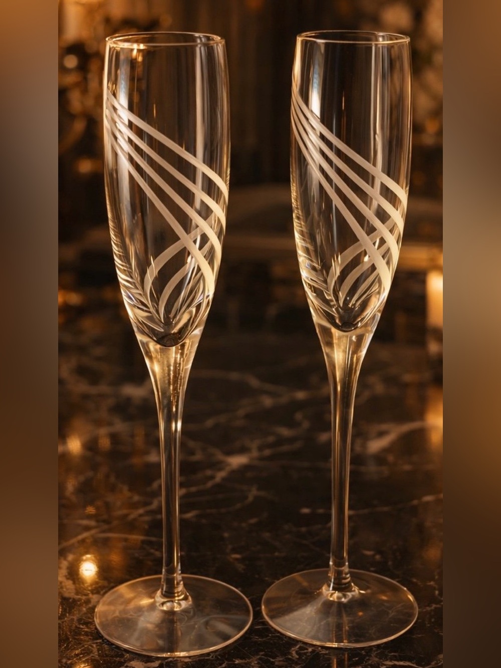Lenox Etched Crystal Champagne Flutes – Swirl Ribbon Design – Set of 2 – Elegant